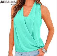 Fashion Tops 2016 Summer Women Blouses White Sleeveless False Two Sexy Deep V Neck Chiffon Knit Vest Casual Camisas Femenina
