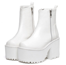 Botines Tacon Mujer Black /White Platform Boots Punk Rock Motorcycle Boots Zipper Chunky Ankle Boots High Heel Martin Boots