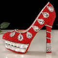 Newest Red crystal beaded rhinestone high heel female lady s Women Bridal Evening shoe Prom Party