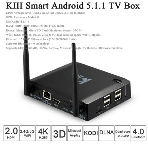 2016 KIII Android 5.1.1 TV Box 2G/16G Amlogic S905 2.4/5G Dual WiFi DLNA Airplay KODI XBMC Quad-Core UHD 4K 3D Miracast EU/US