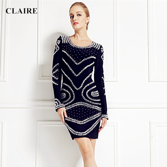 Claire 2015 Fall Winter Black Long Sleeve Beading Elegant Ladies Bodycon Party Rayon Dress Womans HL Bandage Dresses 346