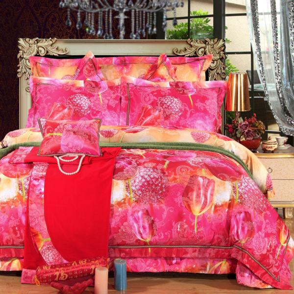 beautiful tulips print wedding silk satin cotton jacquard bedding sets linens Queen/King size sheets sets bed in bag