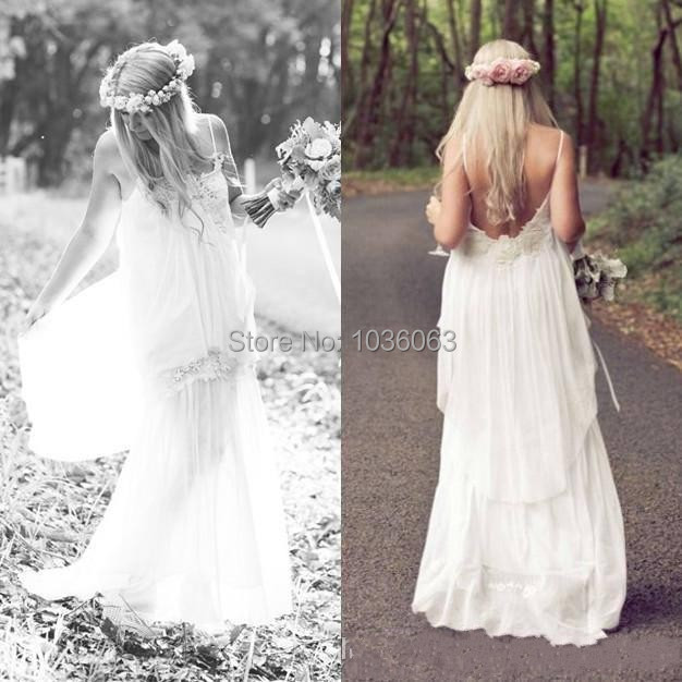 Romantic White 2014 Boho Cheap Beach Wedding Dress Bohemian Vintage Sexy Long Bridal Gowns Dress Simple