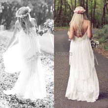 Romantic White 2014 Boho Cheap Beach Wedding Dress Bohemian Vintage Sexy Long Bridal Gowns Dress Simple