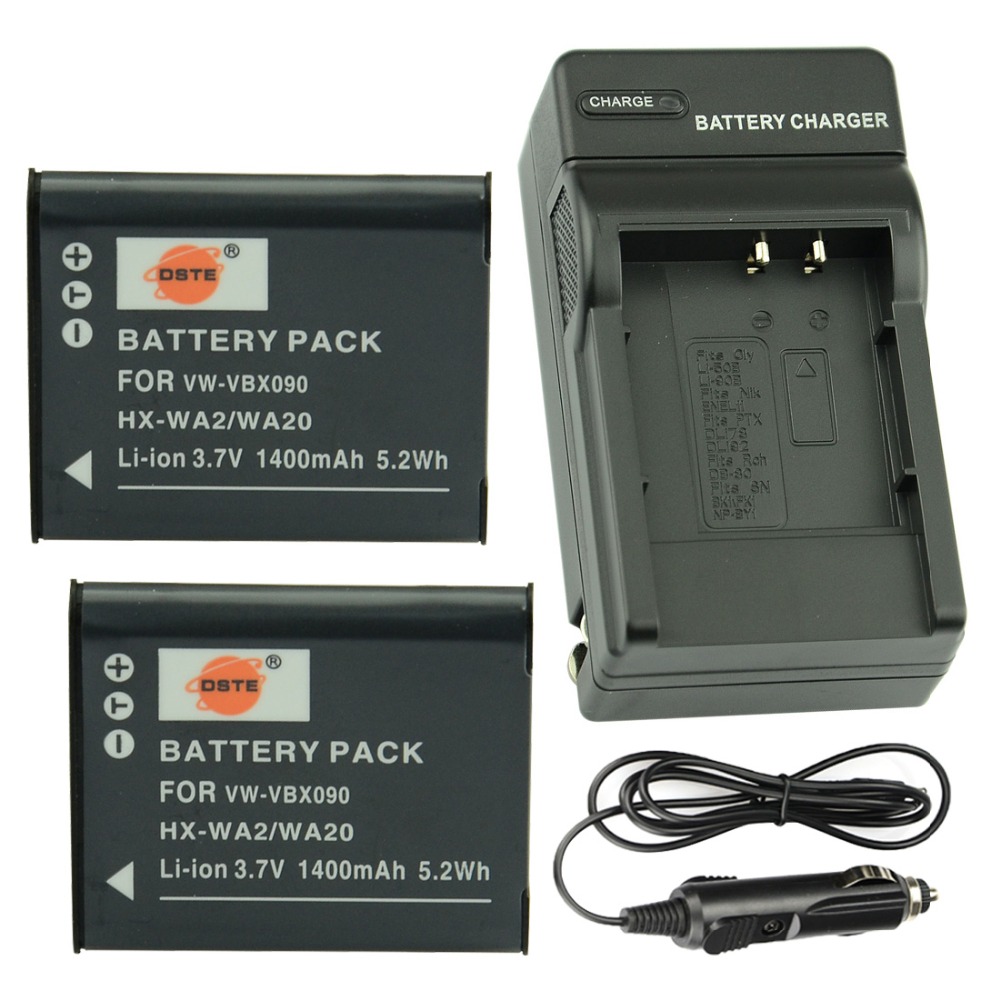 DSTE 2 Pcs 1400 mAh VW-VBX090 Rechargeable Li-ion Battery + Charger For Panasonic HX-WA20 HX-WA2 Camera