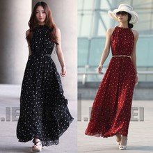 Women Boho Long Maxi Chiffon Dress Sleeveless Polka Dot Dress TQ