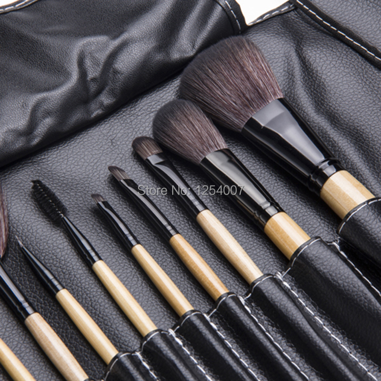 Professional 12pcs Face Makeup Brush Set with Black Leather Bag Make Up Brushes Free Shipping Wholesale