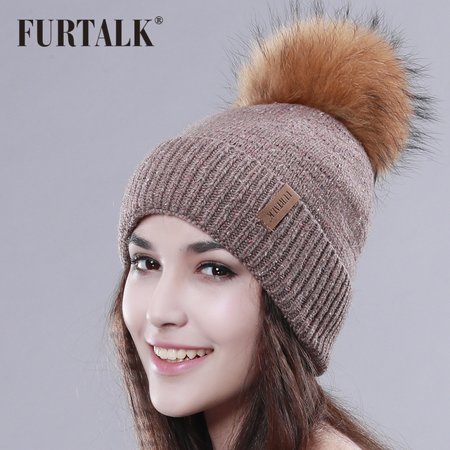 FURTALK Raccoon Fur Pom Pom Hat Wool Hat Women Winter Fur Hat