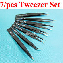 Freeshipping quality precision 7type of Tweezers (Angled Pointed curved) Stainless Steel Antistatic Soldering Repiar Tweezer Set