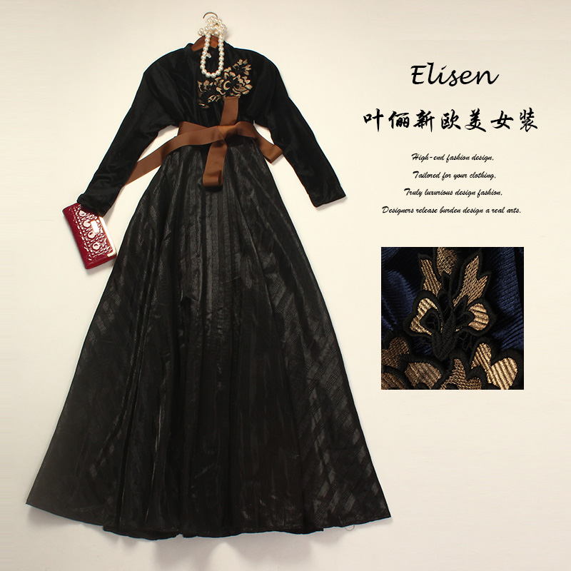 Luxury Dress 2016 Spring Autumn Fashion New Runway Brand Full Sleeve Floor-Length Patchwork Flower Embroidery Belt Elegant Dress