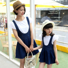 2016 Fashion Family Matching Outfits Mother Daughter Matching Dress Butterfly Sleeve Cotton T-shirt+Denim Dress For Women Girls