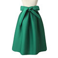 Women Autumn Pleated Bow Midi Skirt Solid Burgundy Green Blue Thick Fashion Lined Mid Calf Length