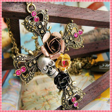 (#NL003) New Cross Skeleton Rose Necklace fashion vintage long pendant Necklace for women men Steampunk rhinestone Jewelry
