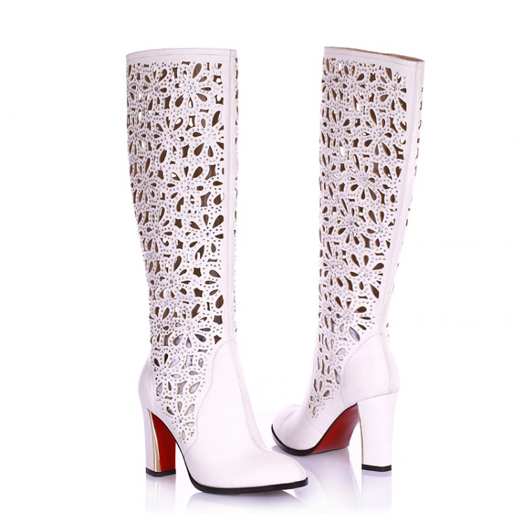 Black Flowers Hollow Diamond Thick High-heeled Boots Female 2015
