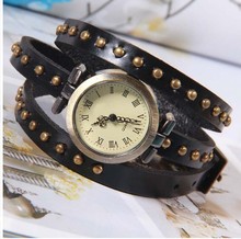 Vintage Retro remache trenzado de cuero genuino de la correa de pulsera pulsera relojes reloj
