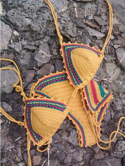 2015 boho beach wear Cotton Biquini Handmake Hatler Bikini Knitted Bikini Croche String Bottom Yellow Swimsuit biquini de croche03