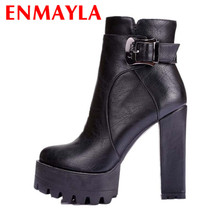 women boots punk Buckle Round Toe High boots Square heel Ankle boots for women platform Martin boots BIG SIZE 34-42