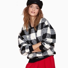 Women plaid jacket winter chequered stitching crewneck Long Sleeve woolen jackets SC2054
