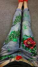 Europe 2016 Fashion Sequins Worn Casual rose flower ripped patchwork green leaves sequins female beaded rhinestone Jeans