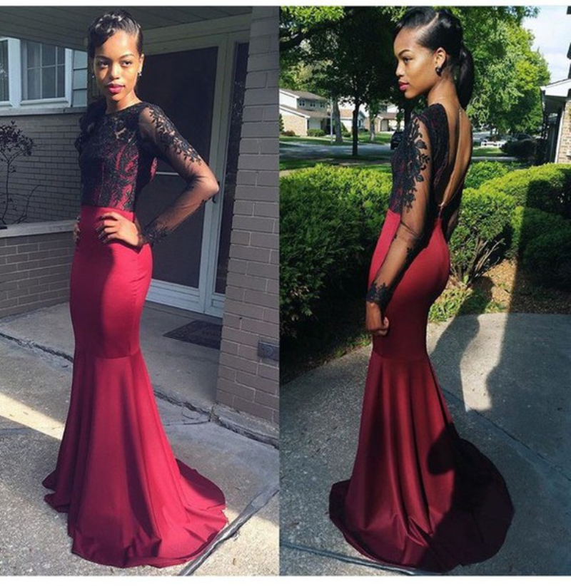 Long Sleeve Evening Dresses Black Lace Burgundy Prom Dress ...
