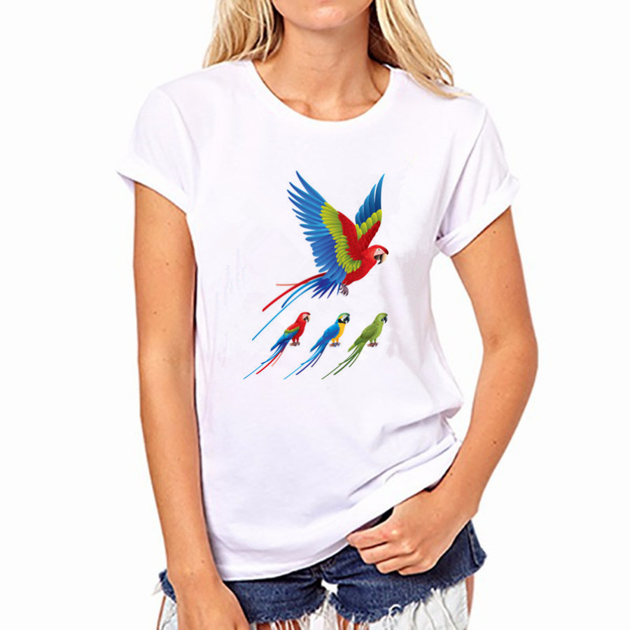 2016 Casual Women Round Neck T-shirt Colored Bird Print Short Sleeved Women White Top Shirt NFS-YH32