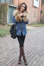 2014 New Arrival Winter Women s Denim Patchwork Wadded Jacket Outerwear Faux Fur Collar Thickening Coats