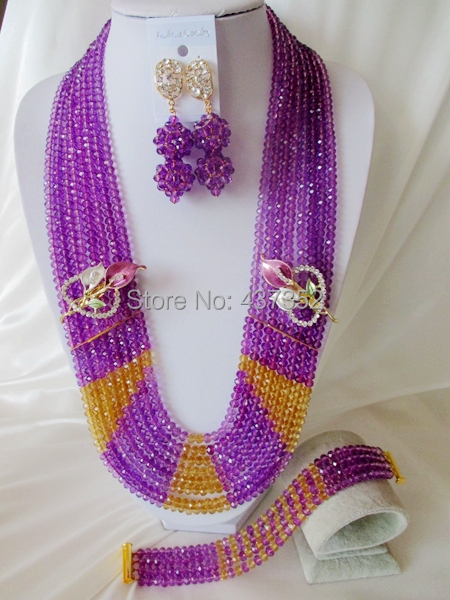 Luxury Long 26 inches Purple African Nigerian Wedding Beads Jewelry Set Bridal Jewelry Sets Free Shipping CPS-3169