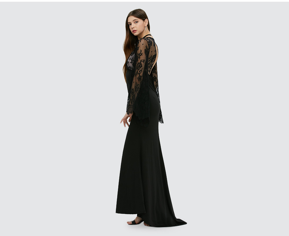 VESTLINDA Sexy Club Dress Women Evening Party Dresses Black Lace Flare Sleeve See-through Backless Long Vestidos Maxi Dress 11