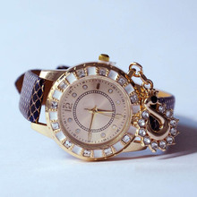 Swan Analog Watch Rhinestone Wristwatch PU Leather Band Quartz Women Watch PMHM431 75
