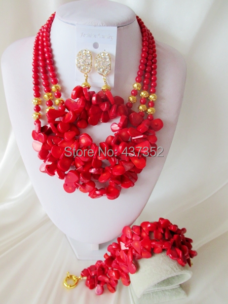 Fashion Nigerian African Wedding Beads Jewelry Set , Red Coral Beads Necklace Bracelet Earrings Set CWS-326