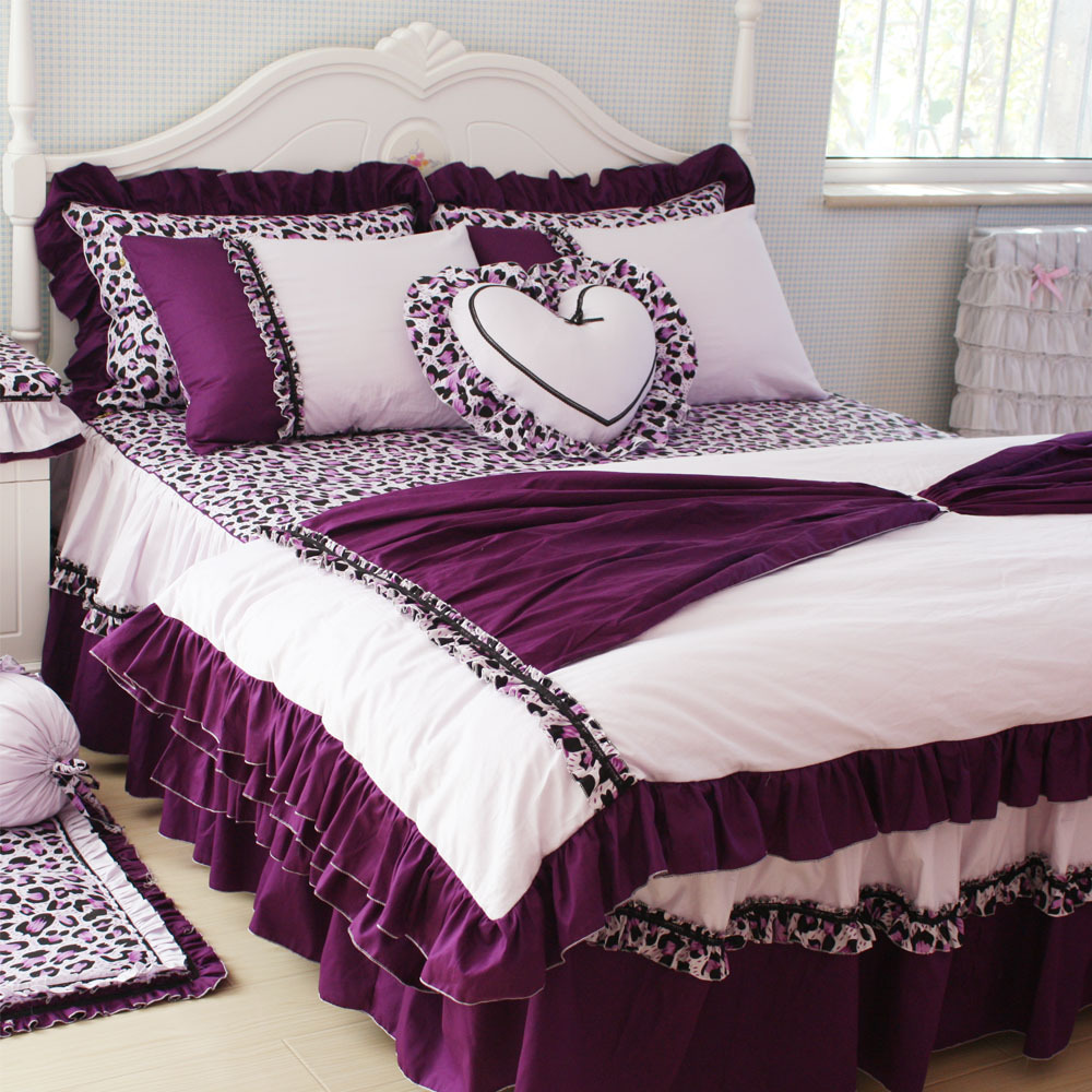 Free Shipping romantic purple princess ruffle bedding sets,unique