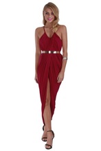 free ship stock New women Sexy Cocktail strap dress scop neck belted high shirring split club summer dress for beach party