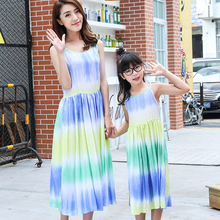 Summer Beach Long Dresses for Mother Daughter Fashion Family Matching Clothes Summer Girl Dress Family Set Women Dress Blue FX15