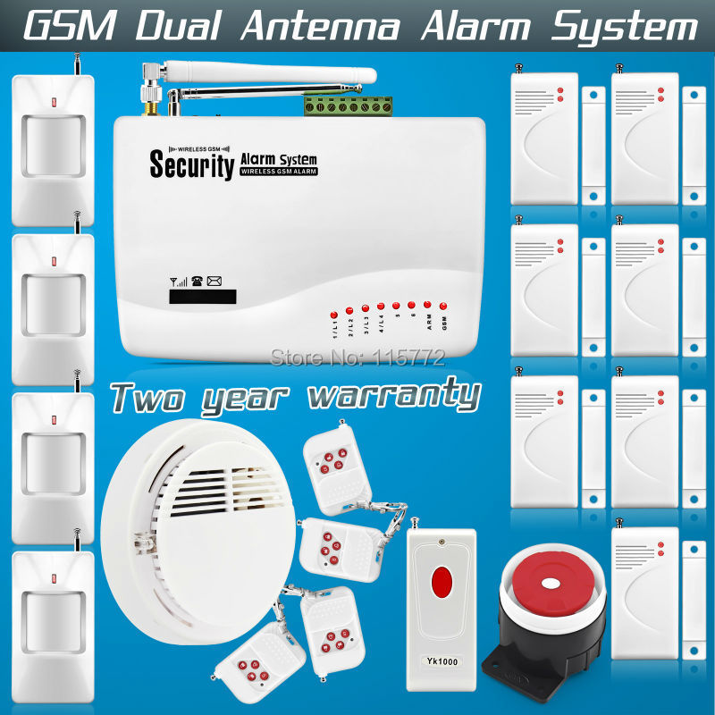 GSM Dual Antenna Alarm Home Voice Security Tri-band Dual Antenna Alarm system with Smoke detector Russian manual  Free shipping!