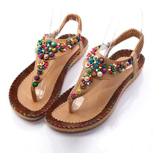 Girls Flat Sandals Ankle T-strap Trend Sandals flattie women beach summer Bohemia Flat Heel Beaded Female shoes