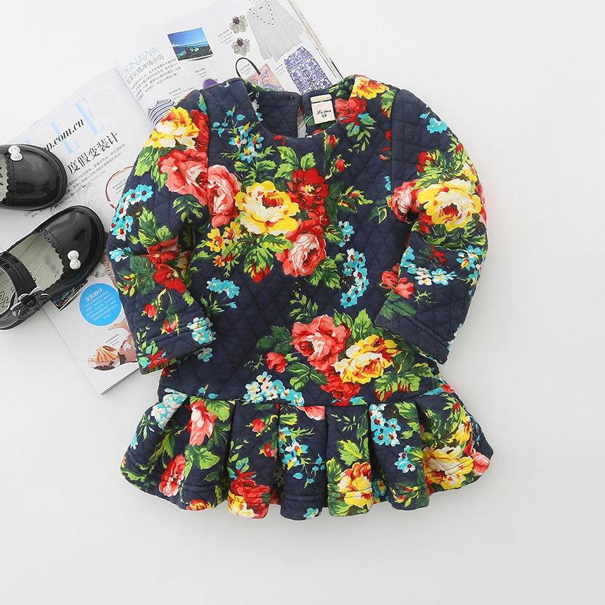 2015 Autumn New Children Clothes Girl Dress Flower Print Ruffle Bottom Thick Long Sleeve Fashion Dress 2-8Y 13294