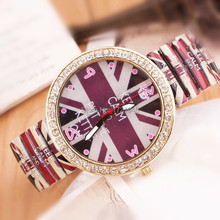 New Fashion Quality Watch Printing color elastic band watches Fashion Rhinestone Jewelry Flag Watch Quartz Wristwatches