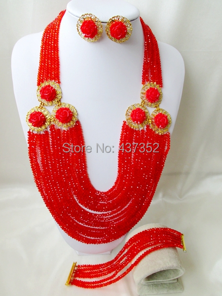 Glamorous New Long Design Flower Red Crystal Nigerian Wedding Party Beads African Beads Jewelry Set Free shipping CPS4333