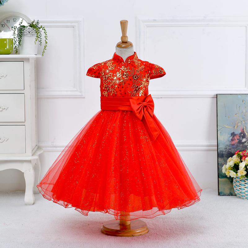 Wholesale red voile girl's dress short sleeve wedding dress party girls dress 1lot/6pcs  L016