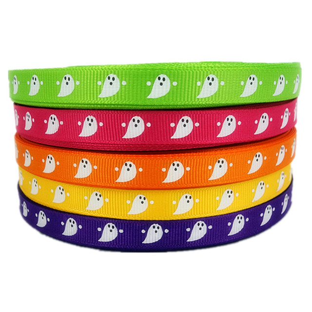 50Yd 3/8" Halloween Ghost Cartoon Printed Grosgrain Ribbon 100% Polyester for Hairbow Sewing Supplies Handmade