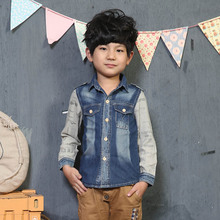 2016 children’s clothing male child denim shirt child long-sleeve shirt 100% cotton patchwork