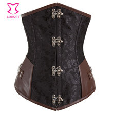 Burlesque Black Jacquard&Brown Leather Steel Boned Corsets Steampunk Waist Training Underbust Corset Korset Korsett For Women