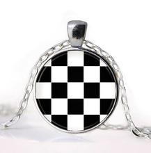 2016 Black and white squares Plaid Tartan Jewelry Girl Round Pendant Necklace Girls Sweater Chain Gift For her free