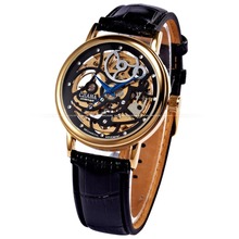 2015 New Black Skeleton Dial Genuine Leather Band Analog Golden Stainless Steel Case Hand Winding Mechanical