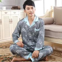 Men imitated silk turn-down collar long sleeves pajamas sets,gentlemen boys blue print striped flowers nightgown, KOL K-1605