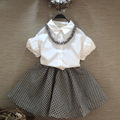 new 2016 summer Puff Sleeve blouse plaid skirts 2pcs girls clothes set princess suit 2 7
