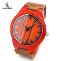 Personalized Design Red Wooden Wristwatch with Brown Genuine Leather Band Japan 2035 Move Quartz Wood Watch
