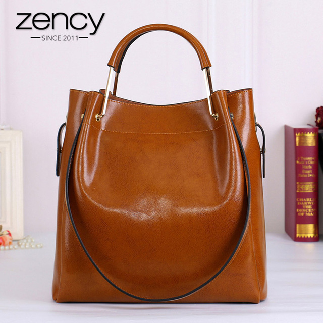 Zency Fashion Brown 100% Genuine Leather Women Handbag Simple Travel Tote Bag Large Capacity Lady Shoulder Bags Crossbody Purse