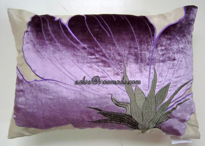 Purple Cushion Floral Pillow Applique EMBROIDERED VELVET Cushion Cover Bed Pillow Decorative ...