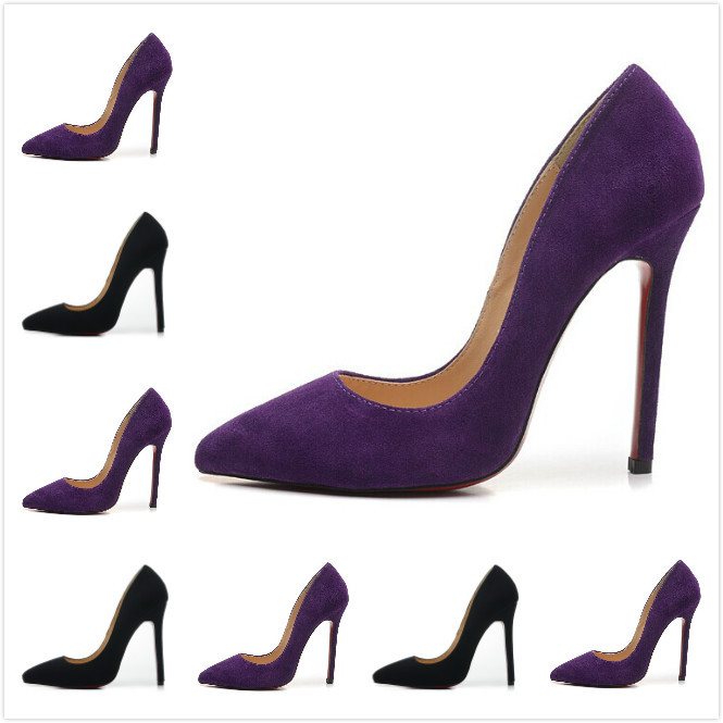 Newest Ladies Purple Suede 12 cm High Heels Pointed Toe Red Bottom ...